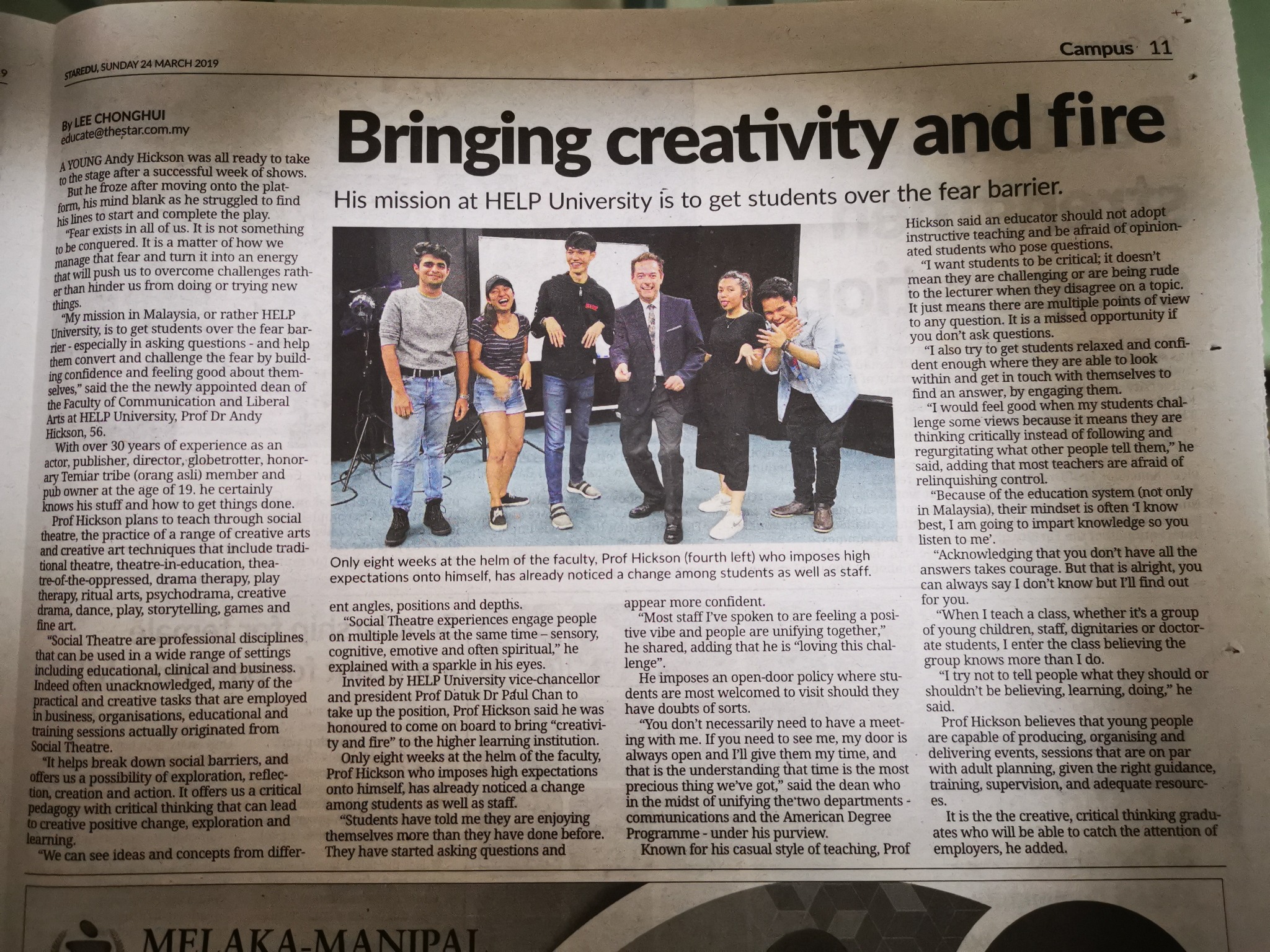 Newspaper feature titled Bringing creativity and fire about Andy's work at HELP University