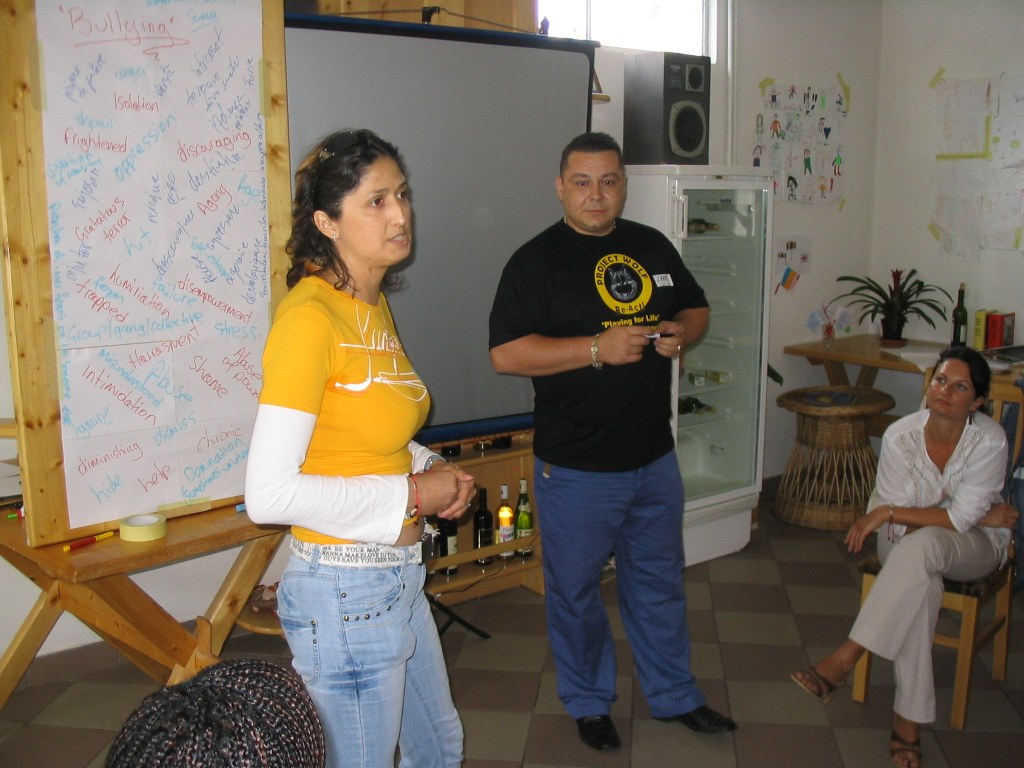Workshop participants in Romania with a large board headed Bullying