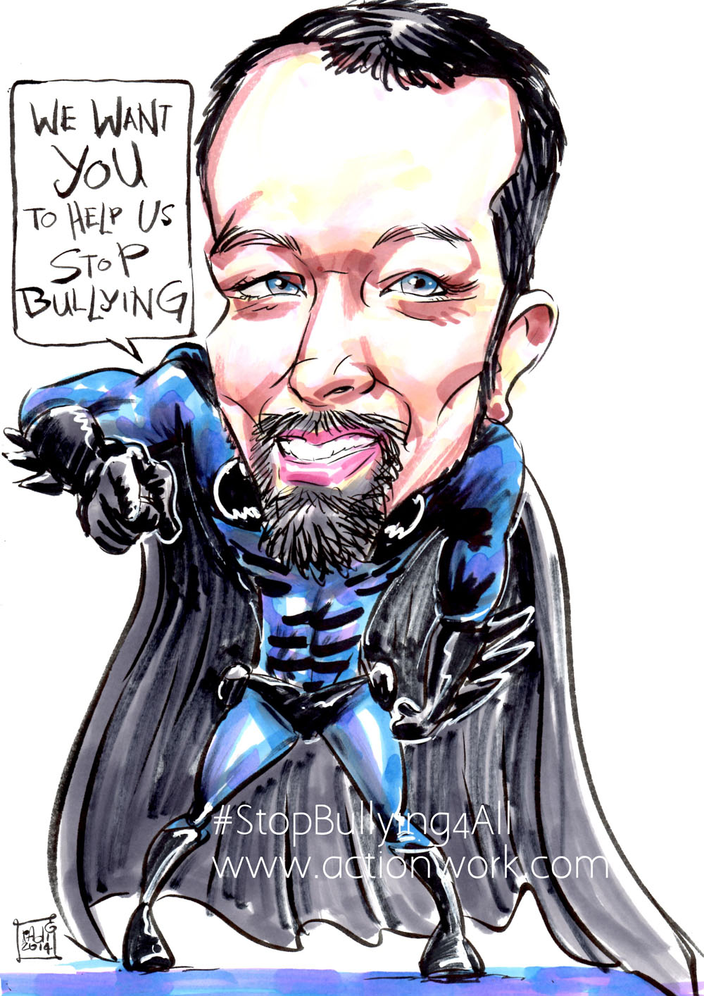 Colourful hand drawn caricature of Andy as a superhero