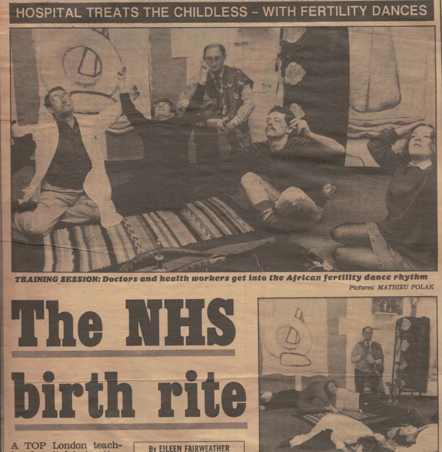 Upper portion of a 1990 newspaper clipping showing a group movement activity and headline The NHS birth rite